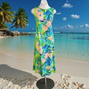 Hawaiian Vintage Maxi Dress Floral Pleated Back Sleeveless Handmade